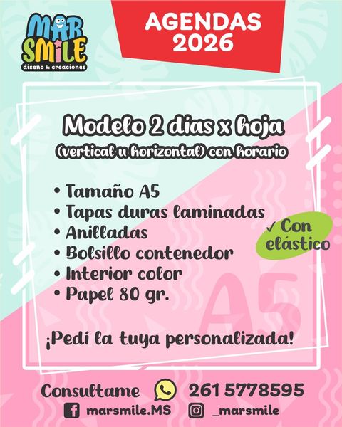 Agenda 2026 - 2 días x hoja - vertical u horizontal / con o sin horarios