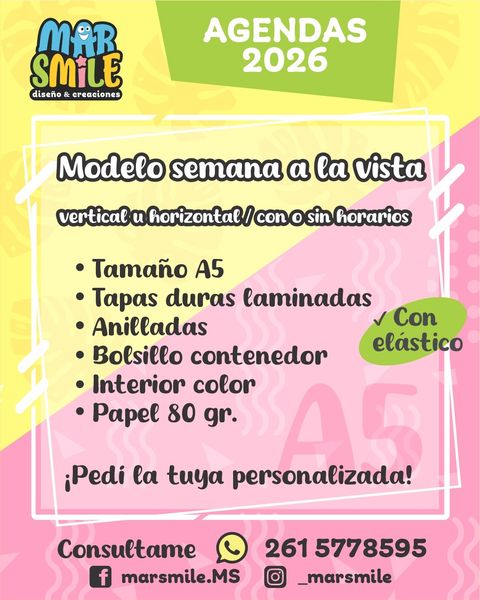 Agenda 2026 - Semana a la vista vertical u horizontal - con o sin horarios