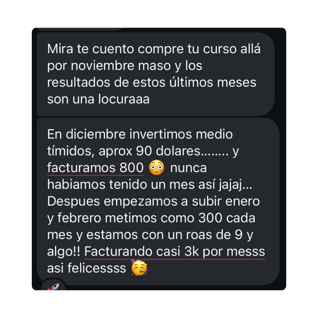 Testimonio de una alumna sobre la evolución de su inversión, facturación y ROAS