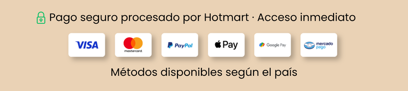 Medios de pago disponibles según el país: Visa, Mastercard, PayPal, Apple Pay, Google Pay y Mercado Pago.