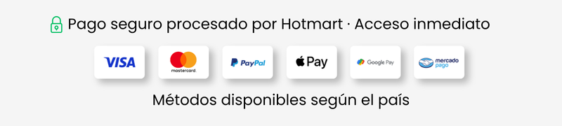 Medios de pago disponibles según el país: Visa, Mastercard, PayPal, Apple Pay, Google Pay y Mercado Pago.