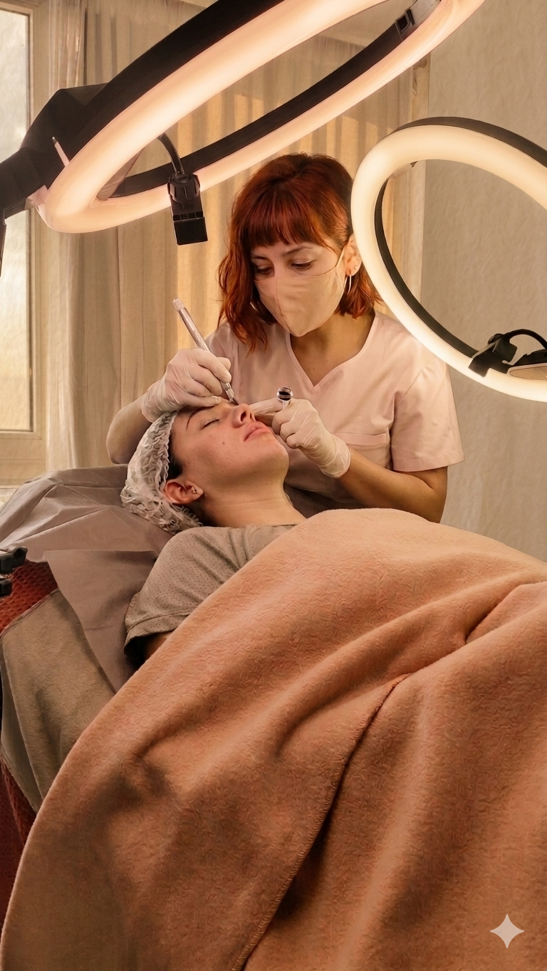 Natalia aplicando microblading