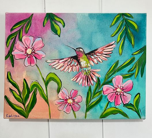 Obra Colibrí y flores