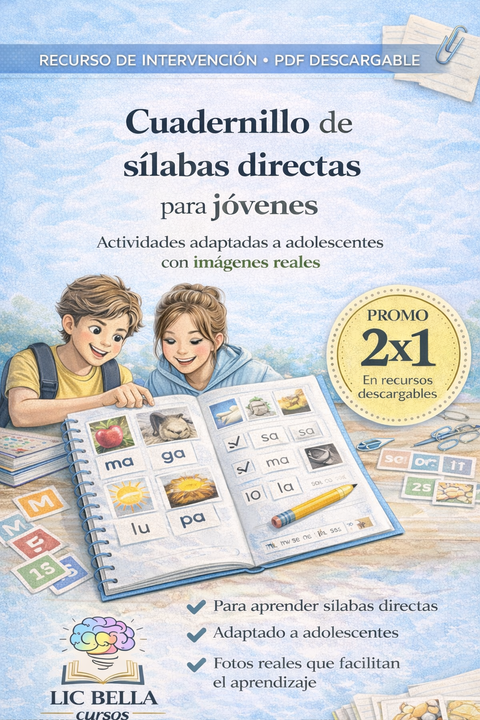 Cuadernillo de sílabas directas para adolescentes con imágenes reales