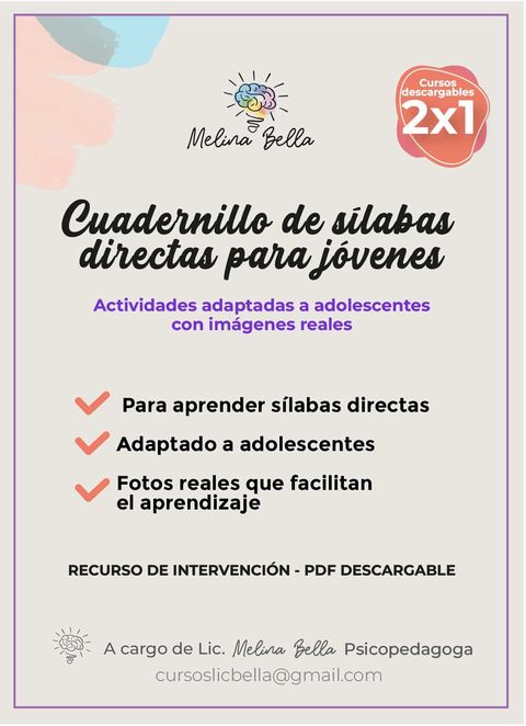 Cuadernillo de sílabas directas para adolescentes con imágenes reales