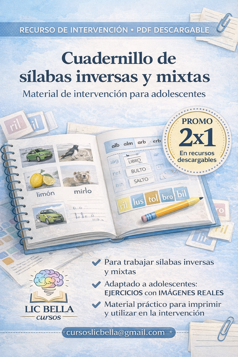 Cuadernillo de sílabas inversas y mixtas  para adolescentes con imágenes reales