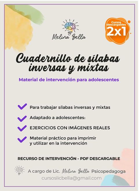 Cuadernillo de sílabas inversas y mixtas  para adolescentes con imágenes reales
