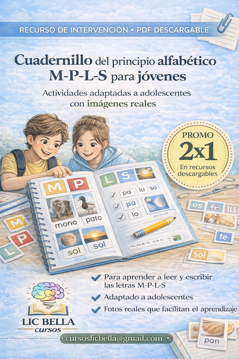 Cuadernillo del principio alfabético M-P-L-S para jóvenes con imágenes reales