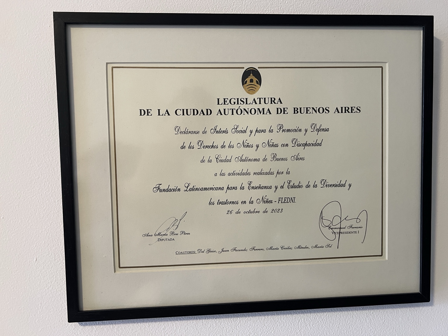 Declaración de Interés Social otorgada a FLEDNI por la Legislatura de la Ciudad Autónoma de Buenos Aires