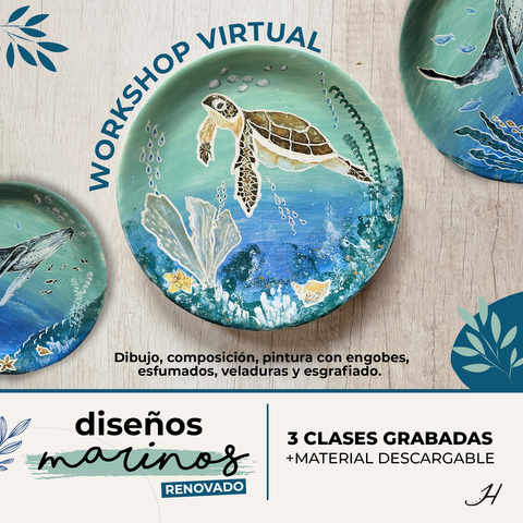 Workshop Virtual • DISEÑOS MARINOS Tortuga + Ballena + Medusas (3 Clases)