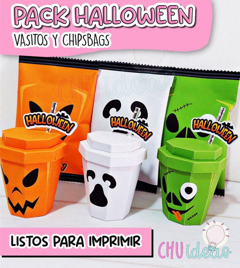 PACK VASITOS Y CHIPSBAGS HALLOWEEN X3 MODELOS