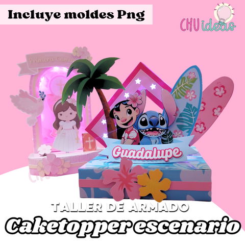 Caketopper Escenario, taller de armado + molde png