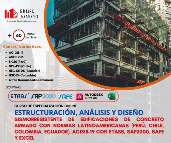 Especialización en Estructuración, Análisis y Diseño Sismorresistente de Edificaciones en Concreto Armado con normas latinoamericanas, ACI318-19, Etabs, Sap2000, Safe y Excel