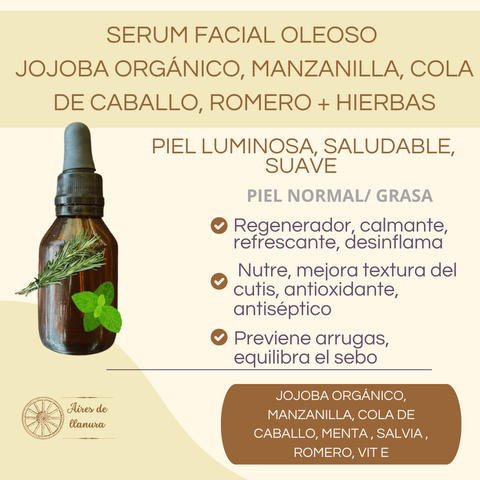 SERUM FACIAL OLEOSO NUTRITIVO, REFRESCANTE, PREVIENE ENVEJECIMIENTO, CALMA, EQULIBRA EL SEBO