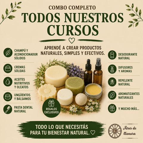 CURSO DE COSMÉTICA NATURAL:CUIDADOS NATURALES+CHAMPÚ Y ACONDICIONADOR+PASTA DENTAL Y DESODORANTE. INCLUYE CURSO DE VELAS, CURSO DE HIERBAS + RECETAS DE REGALO