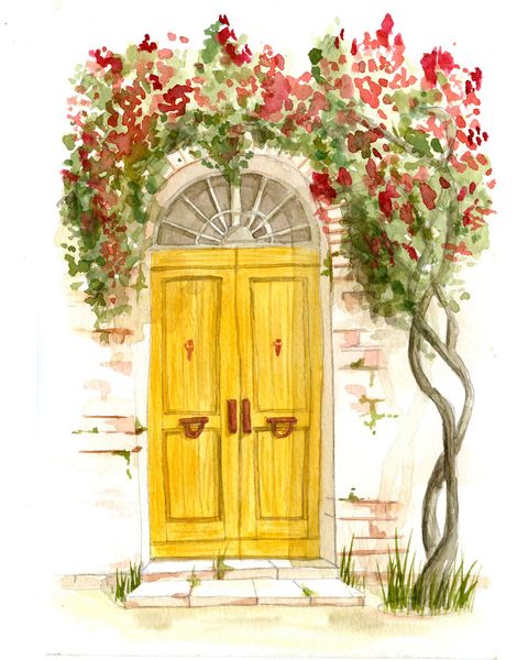 Acuarela Original (estudio). Puerta amarilla