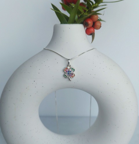 Conjunto trébol de Plata y Circonias multicolor 