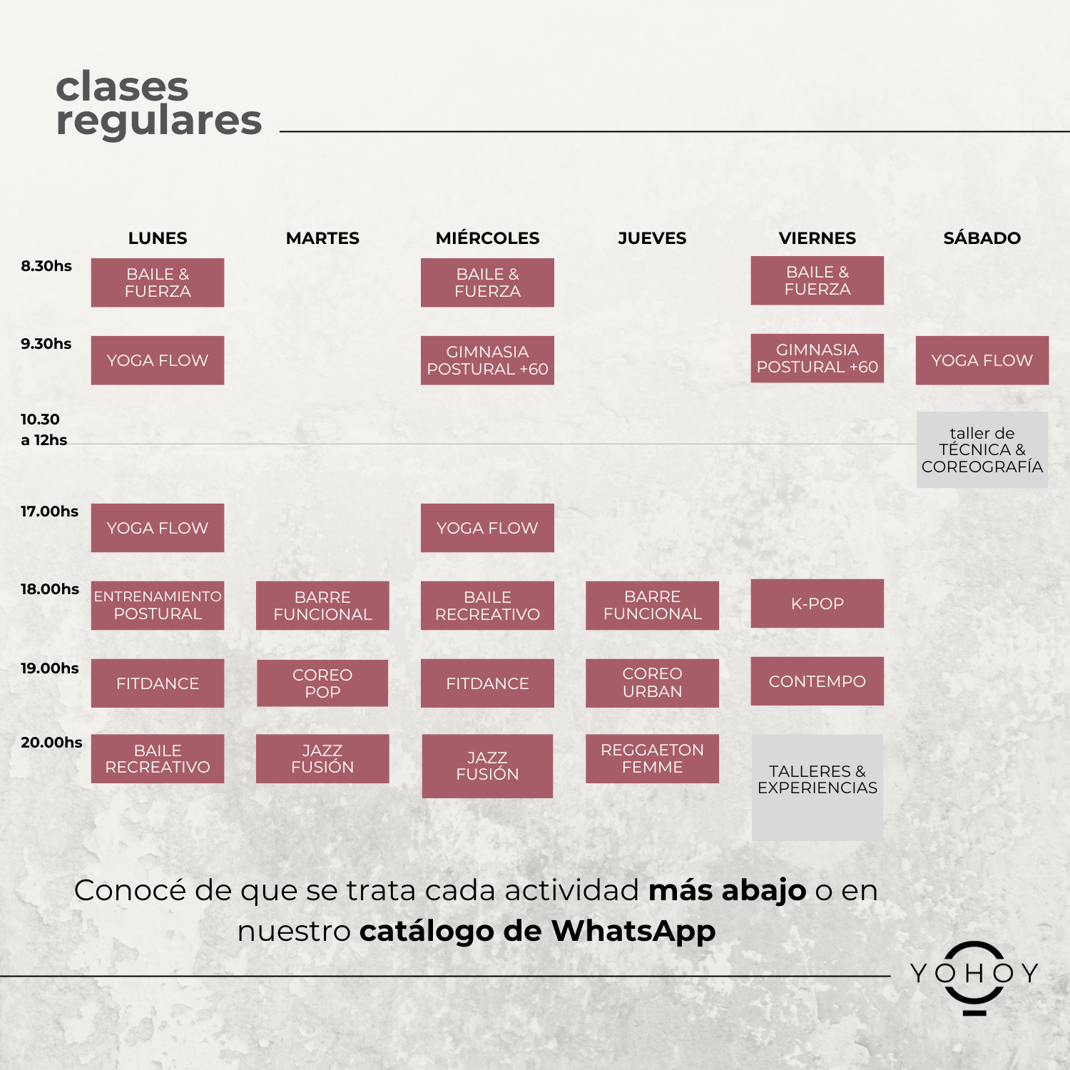 Horarios de clases presenciales PARA ADULTOS EN GBA NORTE de baile, entrenamiento y yoga en Estudio YOHOY, MARTINEZ 2025