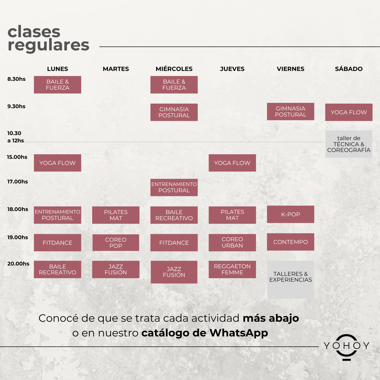 Horarios de clases presenciales PARA ADULTOS EN GBA NORTE de baile, entrenamiento y yoga en Estudio YOHOY, MARTINEZ 2025