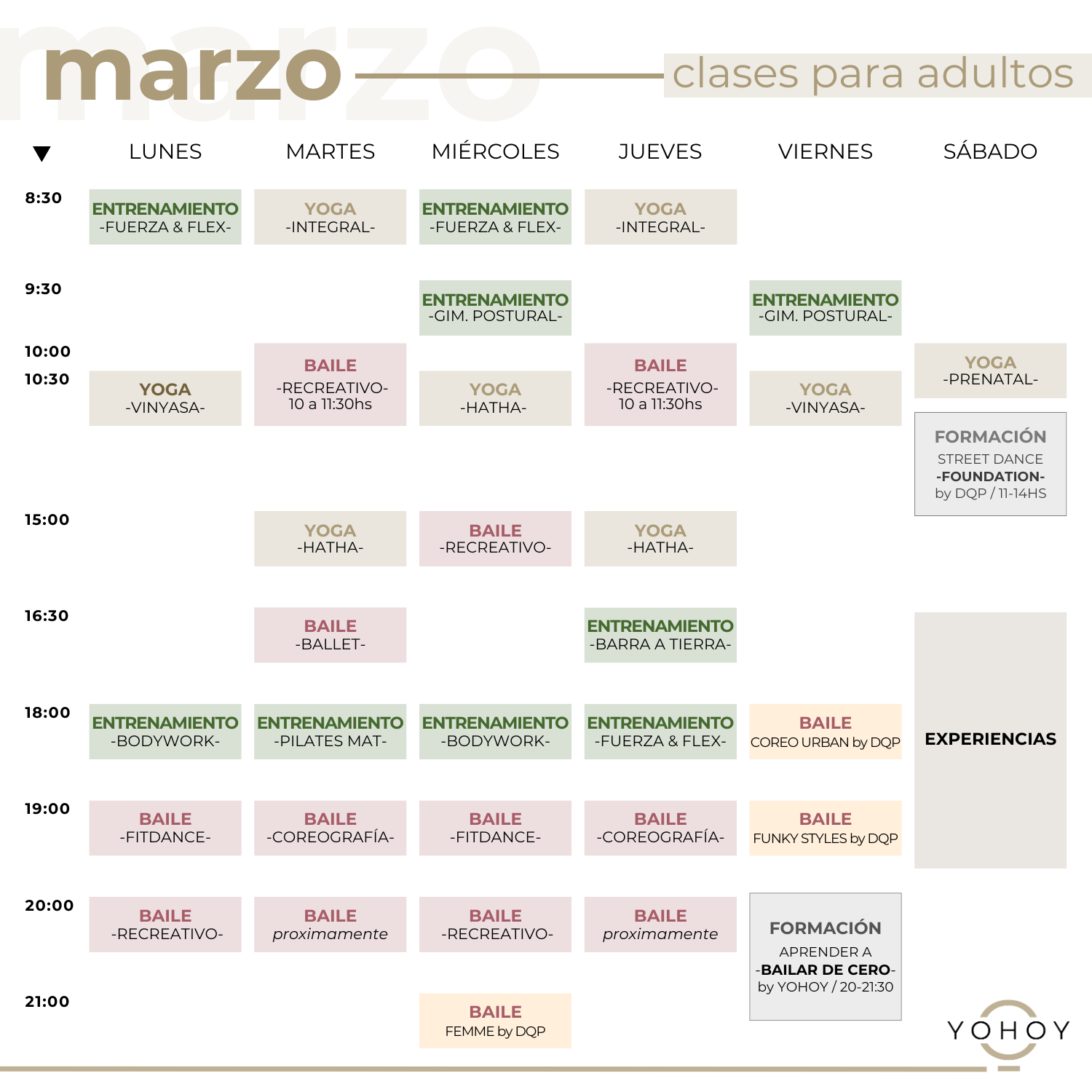Horarios de clases presenciales PARA ADULTOS EN GBA NORTE de baile, entrenamiento y yoga en Estudio YOHOY, MARTINEZ 2025