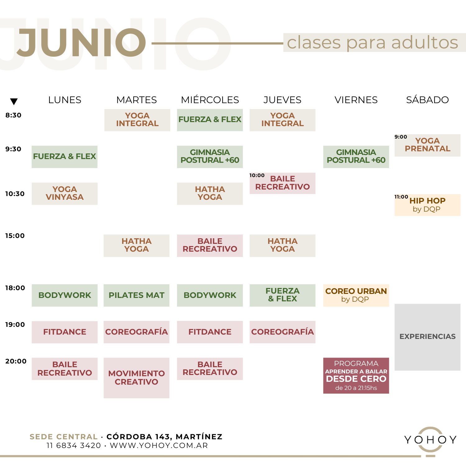 Horarios de clases presenciales PARA ADULTOS EN GBA NORTE de baile, entrenamiento y yoga en Estudio YOHOY, MARTINEZ 2025