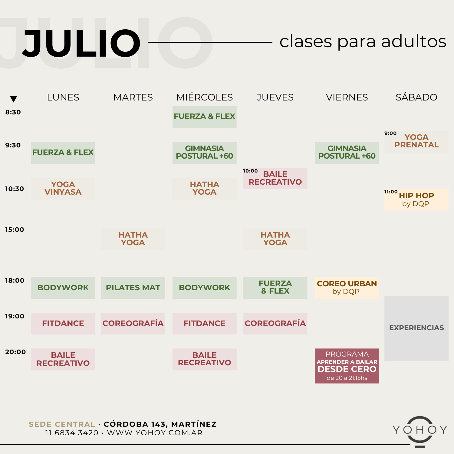 Horarios de clases presenciales PARA ADULTOS EN GBA NORTE de baile, entrenamiento y yoga en Estudio YOHOY, MARTINEZ 2025