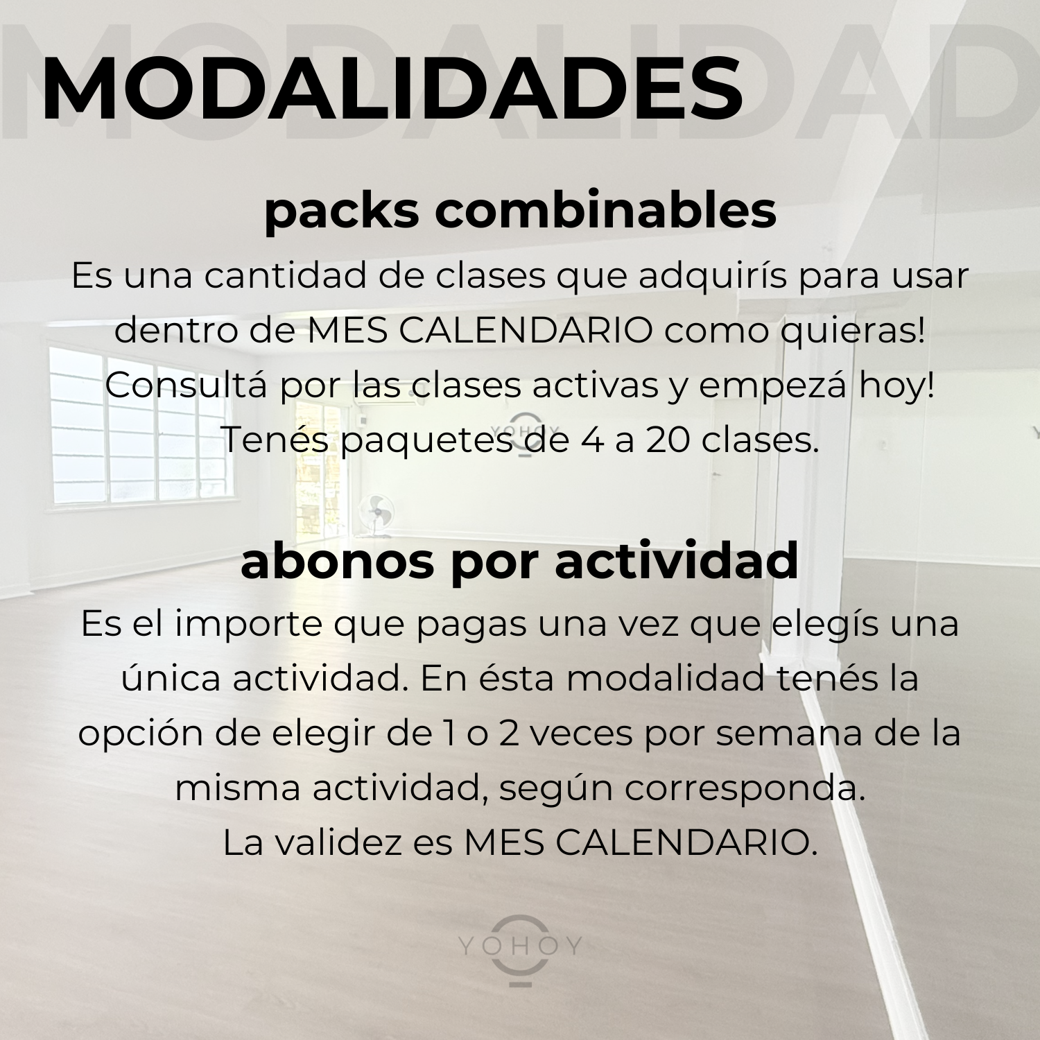 Horarios de clases presenciales PARA ADULTOS EN GBA NORTE de baile, entrenamiento y yoga en Estudio YOHOY, MARTINEZ 2025