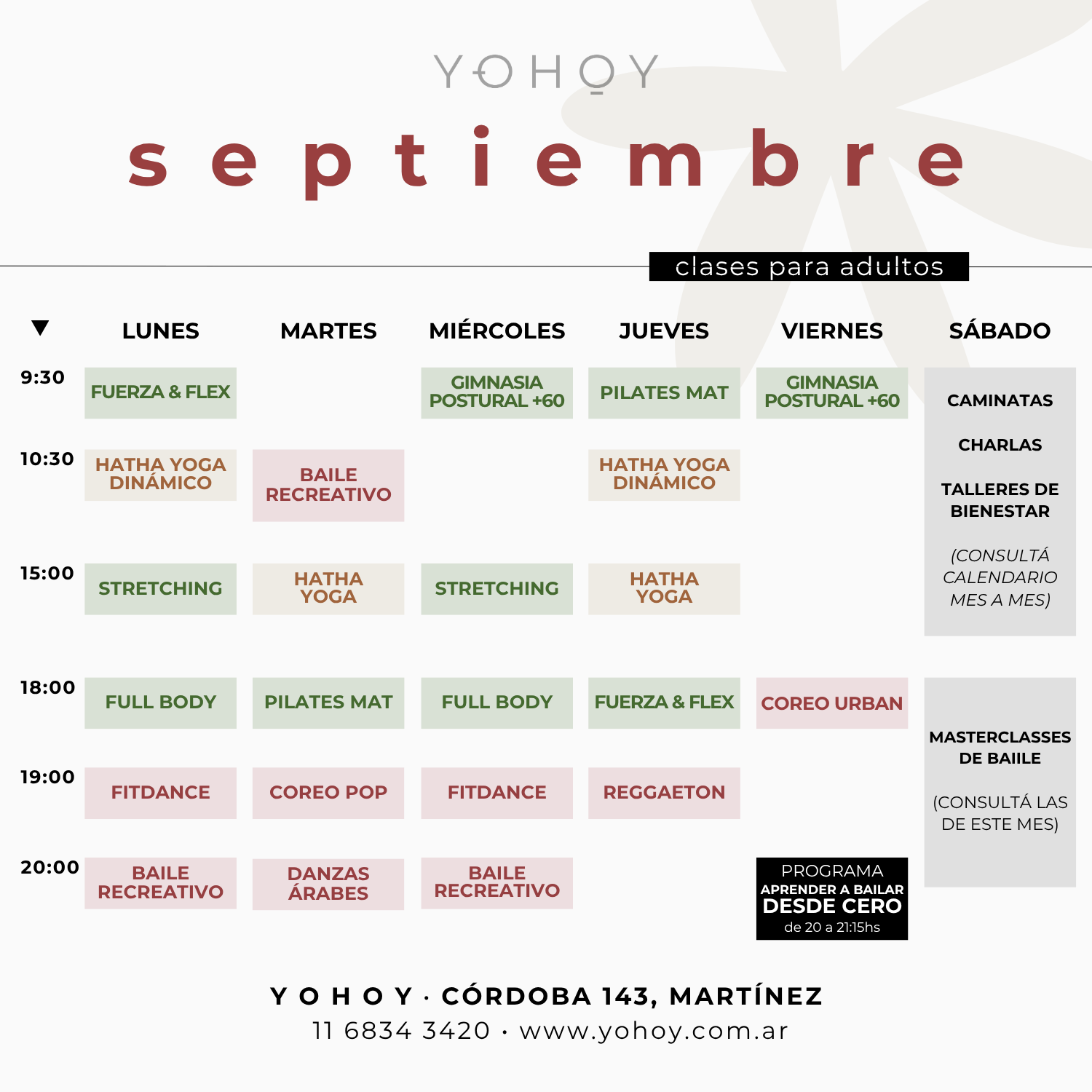 Horarios de clases presenciales PARA ADULTOS EN GBA NORTE de baile, entrenamiento y yoga en Estudio YOHOY, MARTINEZ 2025