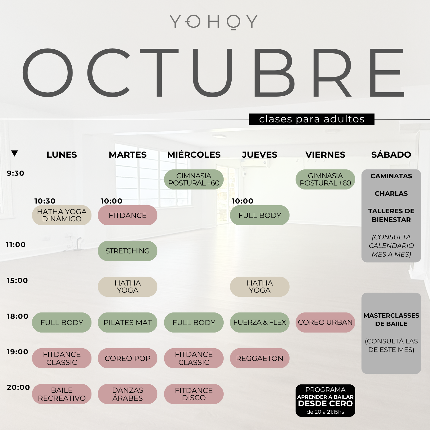 Horarios de clases presenciales PARA ADULTOS EN GBA NORTE de baile, entrenamiento y yoga en Estudio YOHOY, MARTINEZ 2025