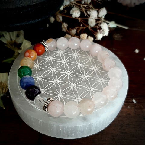 Pulsera de 7 chakras y cuarzo rosa