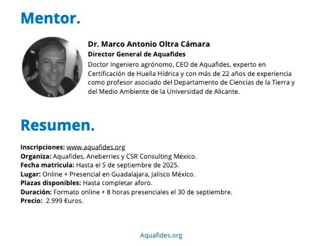 Curso-Mentoría Asesor experto de Huella Hídrica Aquafides· Septiembre 2025 · Edición con Carnet Profesional Oficial