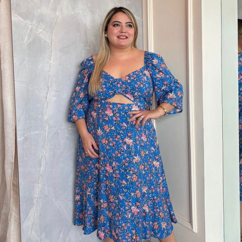 Vestido Kate azul flores naranja plus