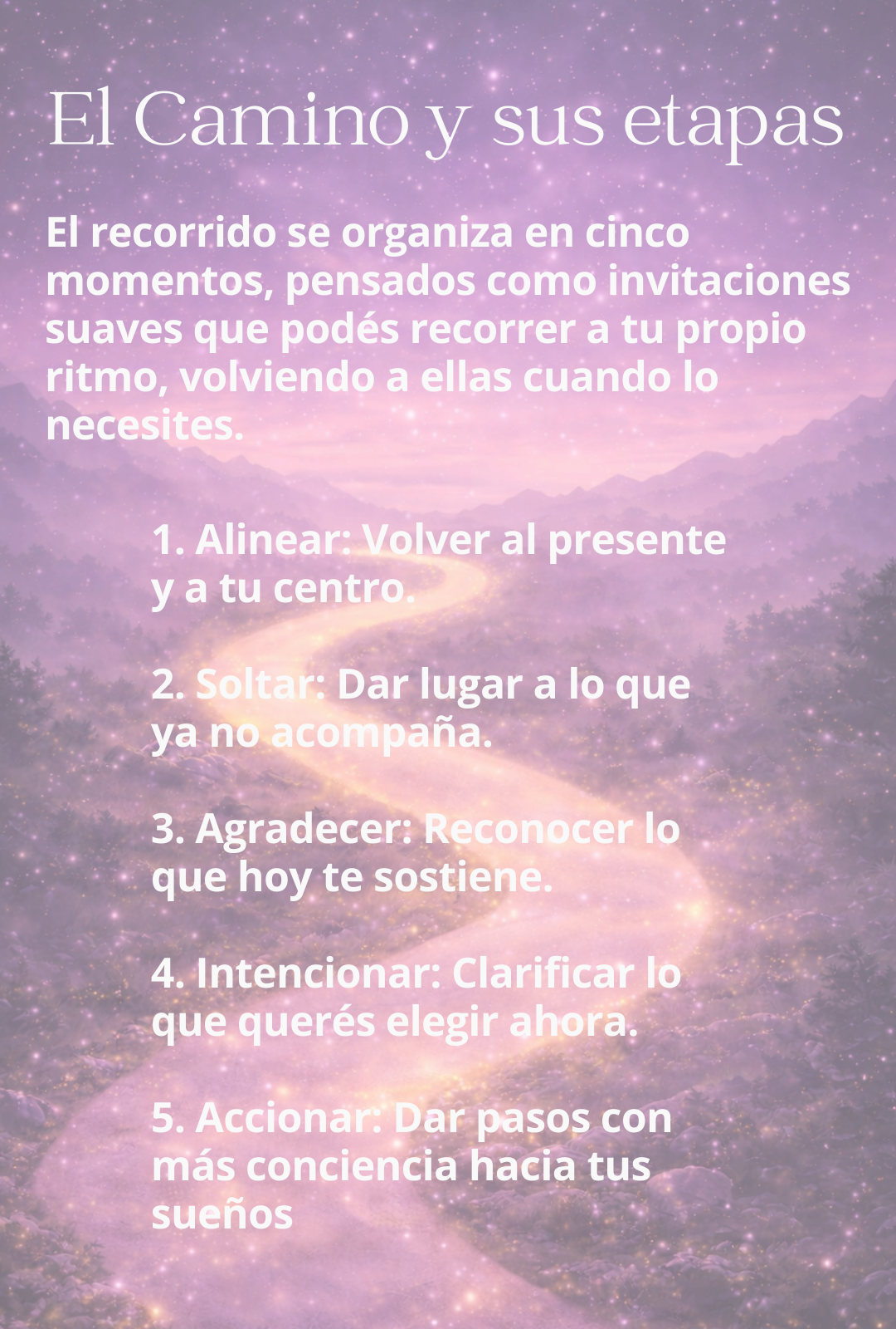 El recorrido se organiza en cinco momentos, pensados como invitaciones suaves que podés recorrer a tu propio ritmo, volviendo a ellas cuando lo necesites.  1. Alinear: Volver al presente y a tu centro.  2. Soltar: Dar lugar a lo que ya no acompaña.  3. Agradecer: Reconocer lo que hoy te sostiene.  4. Intencionar: Clarificar lo que querés elegir ahora.  5. Accionar: Dar pasos con más conciencia hacia tus sueños