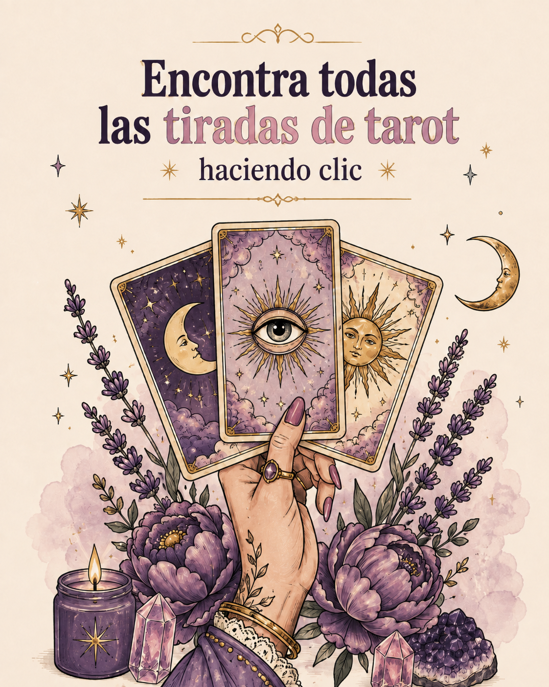 Tiradas de tarot online de Kalivra Tarot, ilustradas con cartas, flores lilas, luna y elementos místicos.