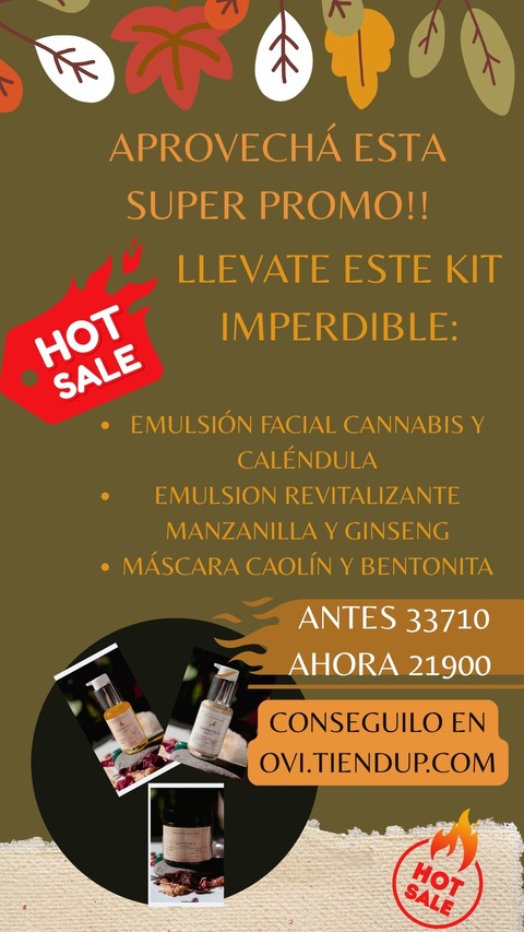 HOT SALE!! KIT: Emulsión cannabis y caléndula + Emulsión revitalizante + Máscara caolín y bentonita.