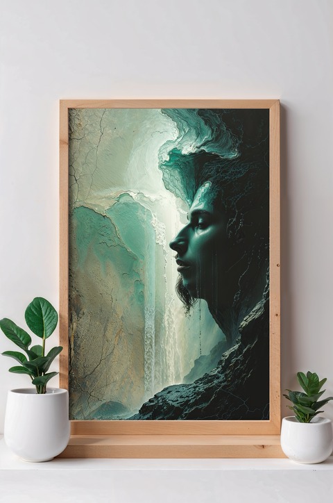 Rostro entre rocas / Arte Digital imprimible / Arte de IA