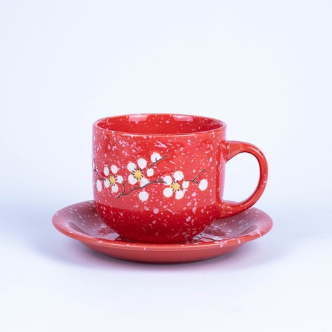 Juego de taza y plato de cerámica con flores blancas