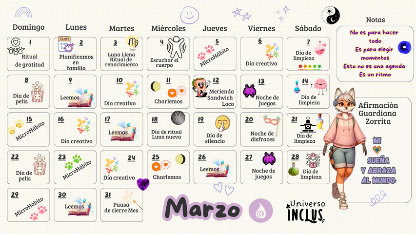 Calendario de Ritmos internos para familias- Marzo 