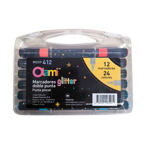 Marcador Olami Bicolor Glitter Doble punta pincel x12 (MGDP412)