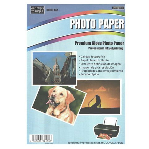 Hoja A4 Inkjet Glossy Bifaz 120gr x20 (Fotográfico) Waterproof