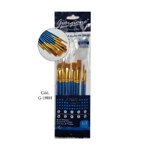 Pack de Pinceles Sintéticos Giorgione Mixtos x10 (G-198H) Mango Corto Azul Metal