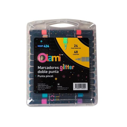 Marcador Olami Bicolor Glitter Doble punta pincel x24 (MGDP424)