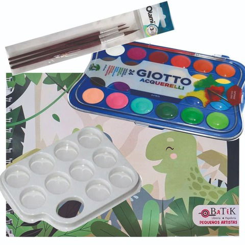 Pequeños Artistas Kit Block A4 Dino + Acuarelas Giotto x24 + Elementos