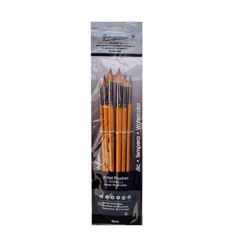 Pack de Pinceles Sintéticos Giorgione Redondos x6 (G-7400R) Mango Largo Naranja