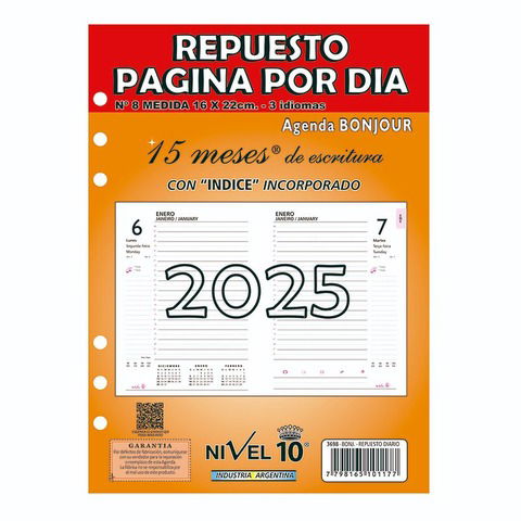 Repuesto Agenda 2025 Nivel 10 N°8 Diario (Bonjour-3698)