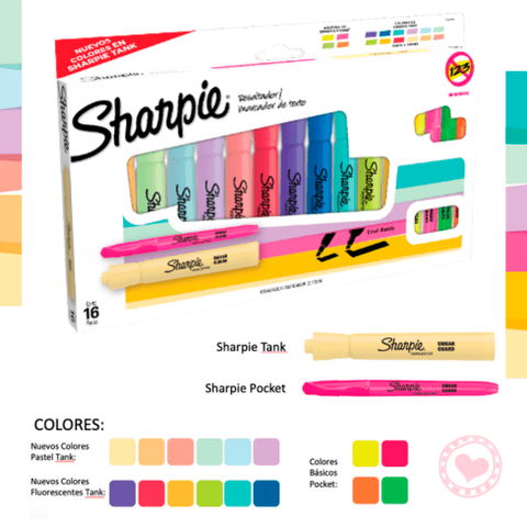 Resaltador Sharpie Accent Tank Set x16 Pastel y Fluo. Cuerpo Redondo (2165241)