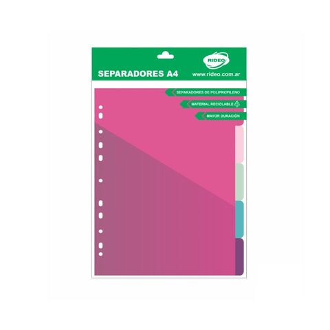 Separadores A4 Rideo Plástico Rigido Matt Pastel C/Sobre (2004/6) x5
