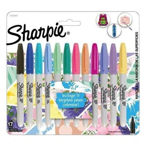 Marcador Sharpie set x12 Fino (Fibra) Tropical + 5 Tarjetas para Colorear