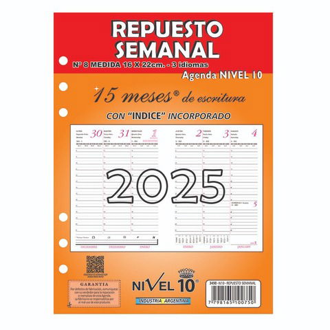 Repuesto Agenda 2025 Nivel 10 N°8 Semanal (3498)