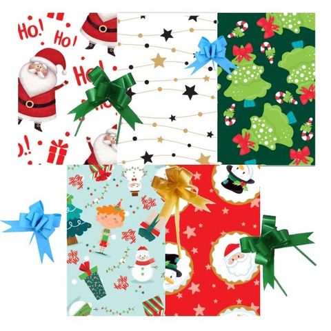 Papel de Regalo Fantasía 70x100 Pack Navideño x5 + 5 Moños + Cibta Adh.